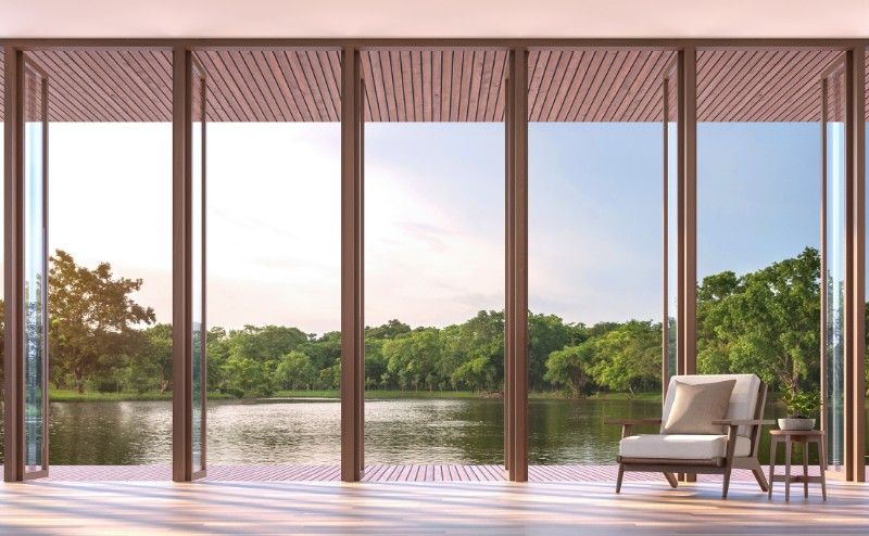 Lake Side View From A Living Room With Wooden Floors